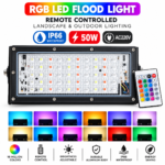 RGB LED Flood Light- Remote Controlled IP66 Waterproof Landscape & Outdoor Lighting (50W, AC220V) - Black Color