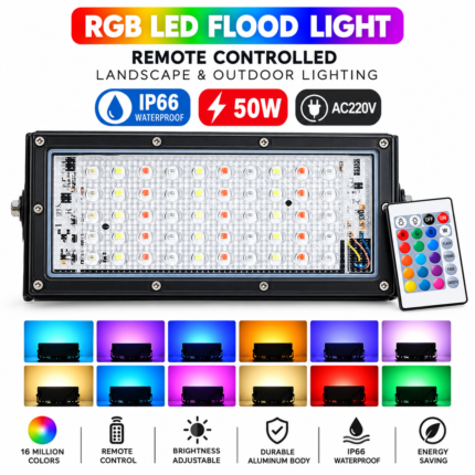 RGB LED Flood Light- Remote Controlled IP66 Waterproof Landscape & Outdoor Lighting (50W, AC220V) - Black Color
